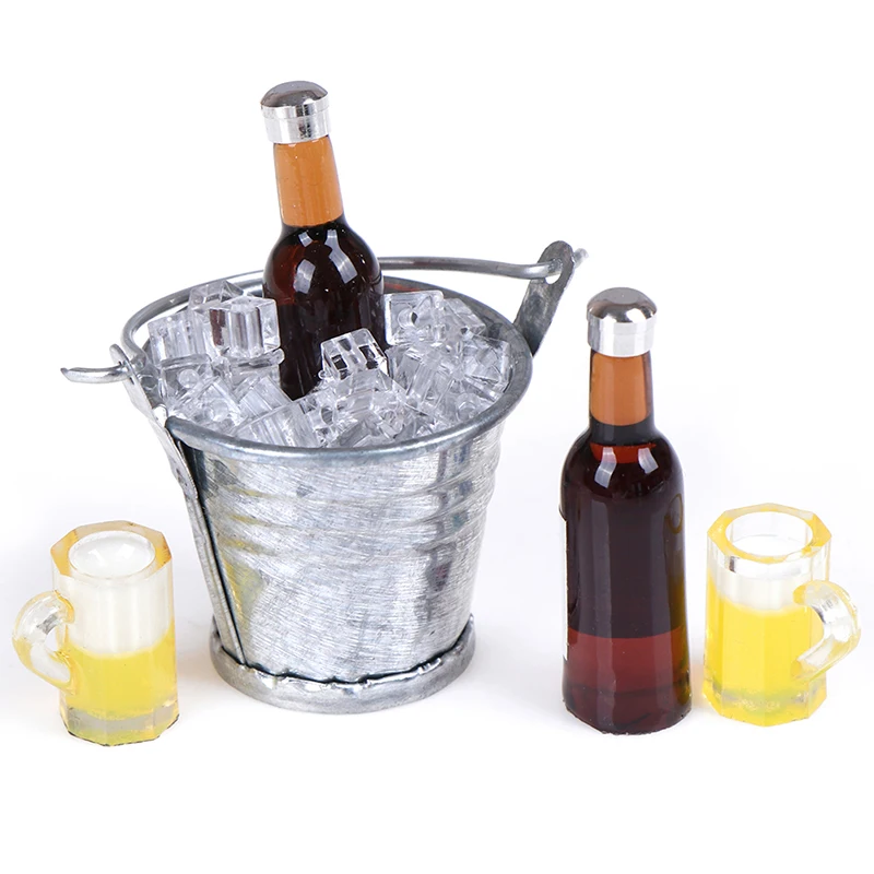 

1Set 1/12 Scale Dollhouse Beer Bottle Bucket Ice Cube Cups Play Dollouse Food Furniture Toy