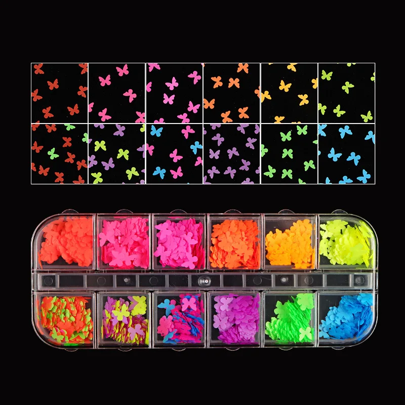 

12 Grids/Set Fluorescent butterfly sequins DIY Design Tiny Slices Decoration Acrylic Beauty Polymer Clay Nail Sticker Accessor