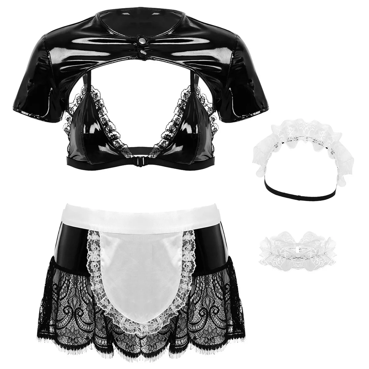 

Sexy Women Maid Cosplay Costume France Maid Sexy Cosplay Small Shrug Top Bra and Mini Skirt with Apron Lace Headband and Choker