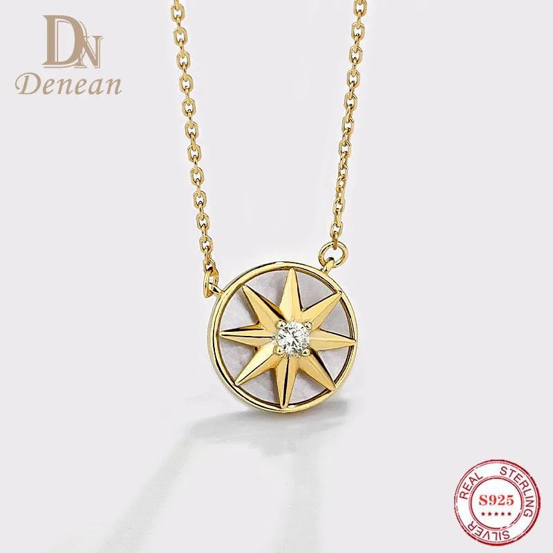 

Denean 100% Sterling Silver 925 Compass Necklace for Women Black Agate Eight Star Circular Revolving Choker Pendant Jewelry Gift