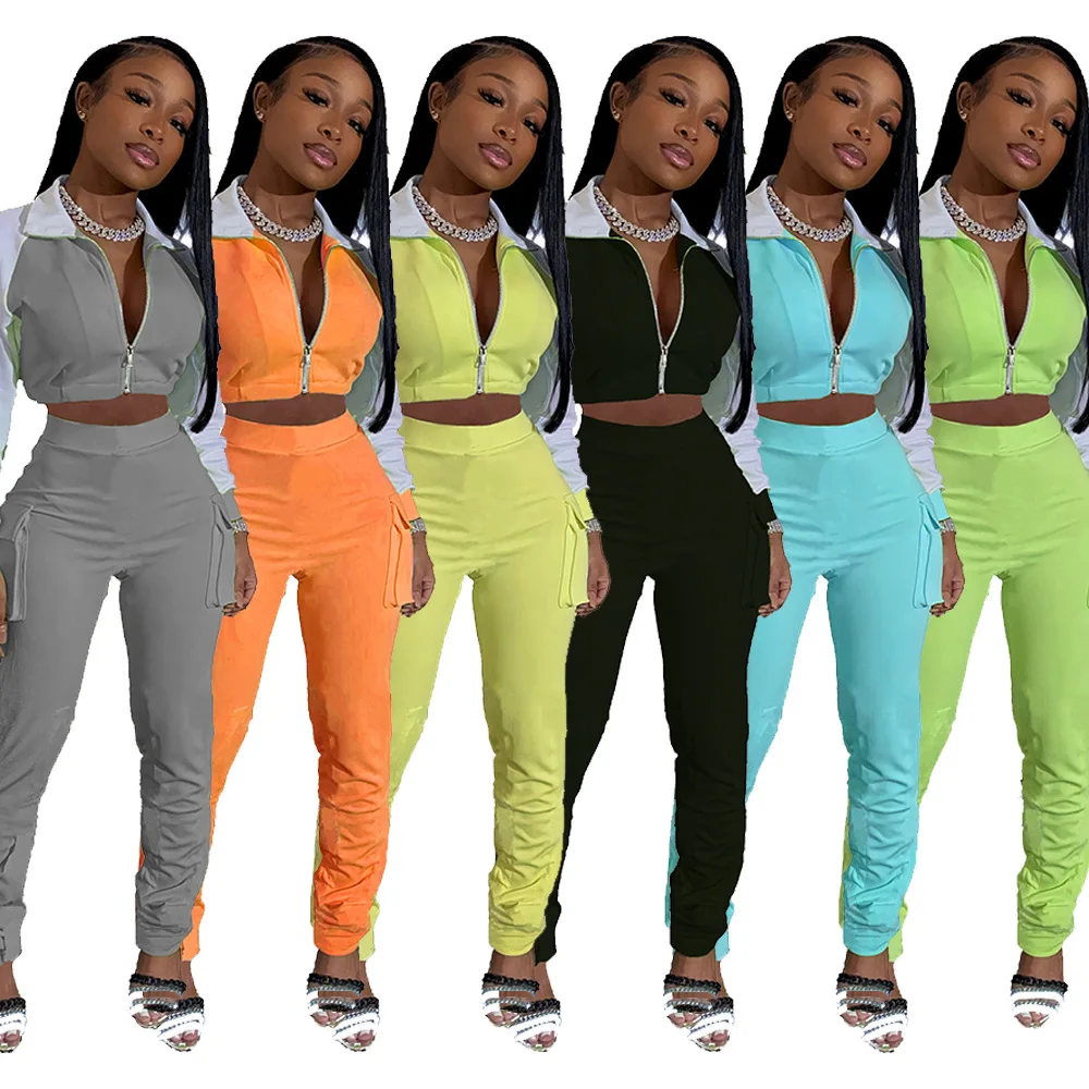 

Autumn Sportwear Patchwork Tracksuit Long Sleeve Zipper Short Jacket Reflective Straps Pockets Pants Jogging Suit Casual Outfit