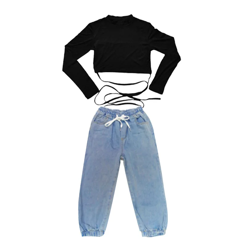 

2021 Children'S Jazz Dance Costumes Girls Black long Sleeved Hiphop Pants Ballroom Hip Hop Clothes Performance Rave Clothes