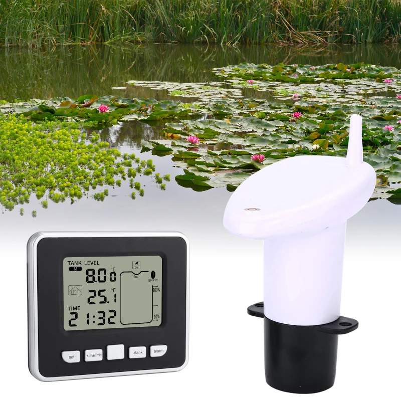 

Ultrasonic Water Tank Level Gauge Temperature Sensor Low Battery Level Indicator Time Alarm Transmitter Measuring Tool