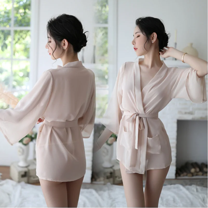 

2020 Hot Sale Sexy Temptation Woman Transparent Long-sleeved Bandage Gauze Robe Bathrobe Nightdress Pajamas Set Kimono Pajama