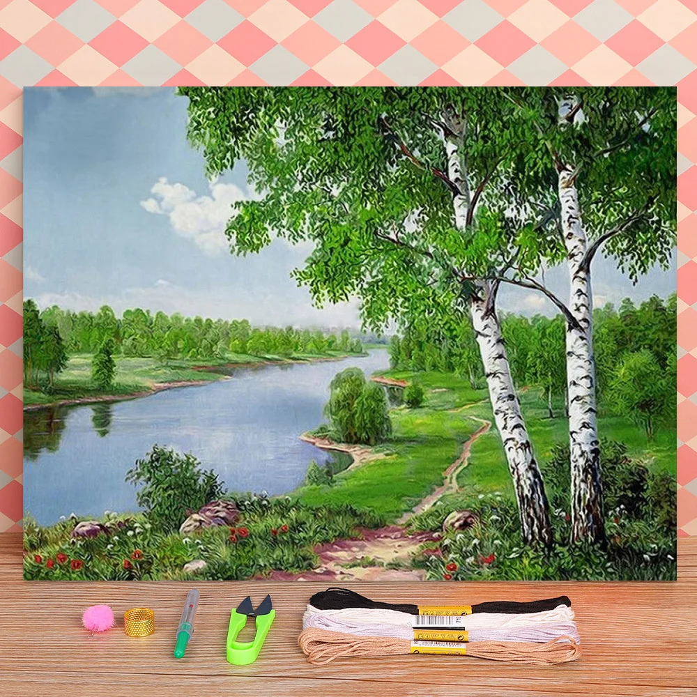 

Ткань с принтом пейзажа деревьев 11CT Вышивка крестом полный комплект DMC нитки ручная работа посылка шитья