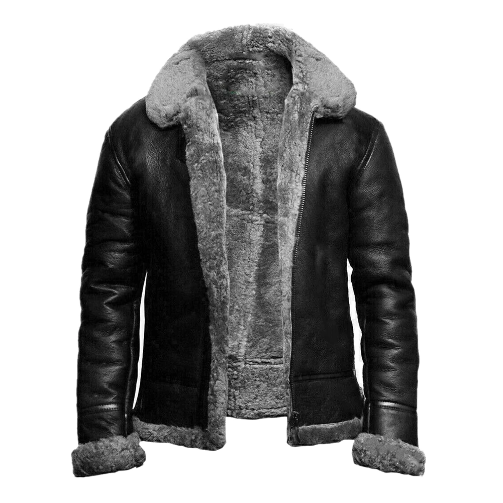 Men's Winter Coat Outwear Turn Collar Faux Leather PU Jacket Motorcycle Biker Jacket with Zipper