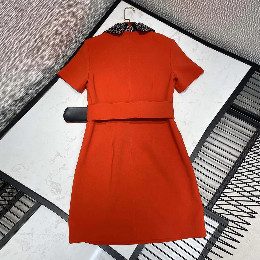 

2020 new high-end summer women retro leopard print lapel pocket patchwork short sleeve mini dress wide belt party dresses