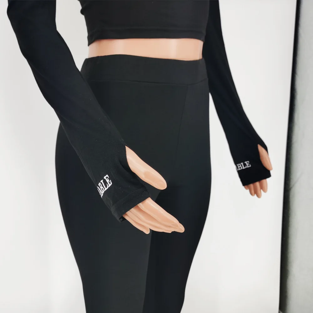 

Embroidery Letter Fitness Tracksuit Women Lounge wear Sporty Long Sleeve Crop Top + Leggings Bodycon Two Piece Set Jogging Femme