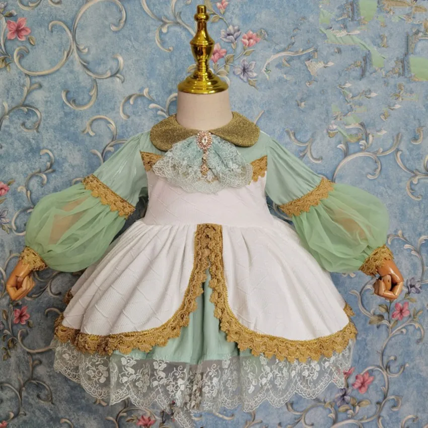 Baby girl vinatge Spanish England court  ball gown dress kids lantern sleeve lace stitching birthday party princess dress