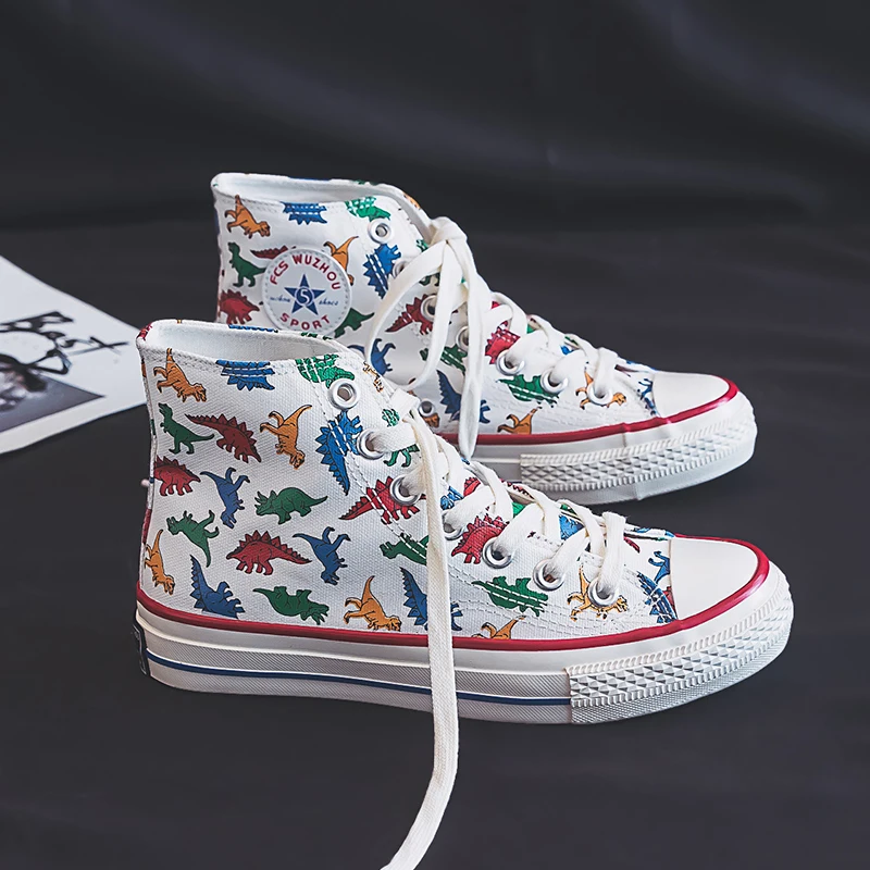 Парусиновая обувь для девочек Кроссовки на высоком каблуке с рисунком динозавра