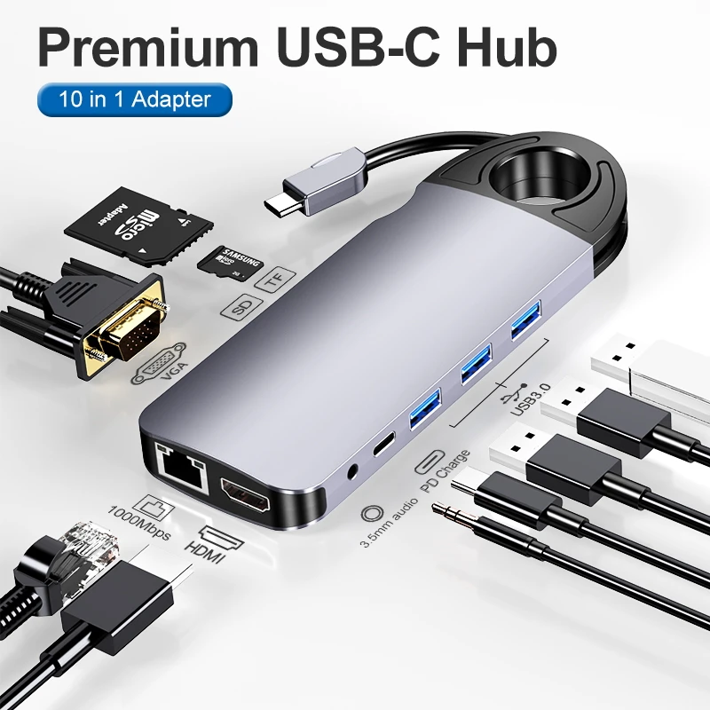 

Type-C Docking station 10 in 1 Type C to HDMI +VGA Dock HUB Gigabit NIC Adapter 1000M OTG For Lenovo Xiaomi Macbook Pro 13 15 Ai
