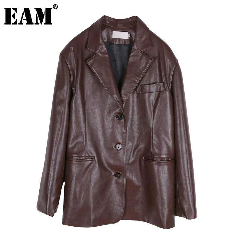 

[EAM] Loose Fit Chocolate Pu Leather Big Size Jacket New Lapel Long Sleeve Women Coat Fashion Tide Spring Autumn 2022 1DA455