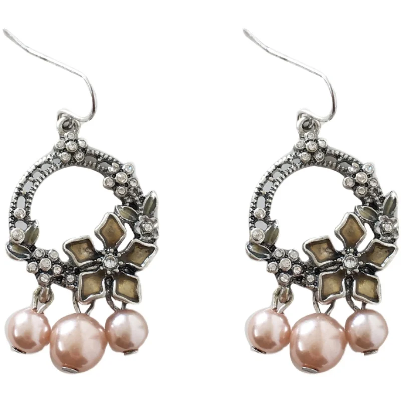 

Bilandi Retro Jewelry Pink Bead Earring Hot Selling Metal High Quality Crystal Flower Vintage Temperament Drop Earrings For Girl