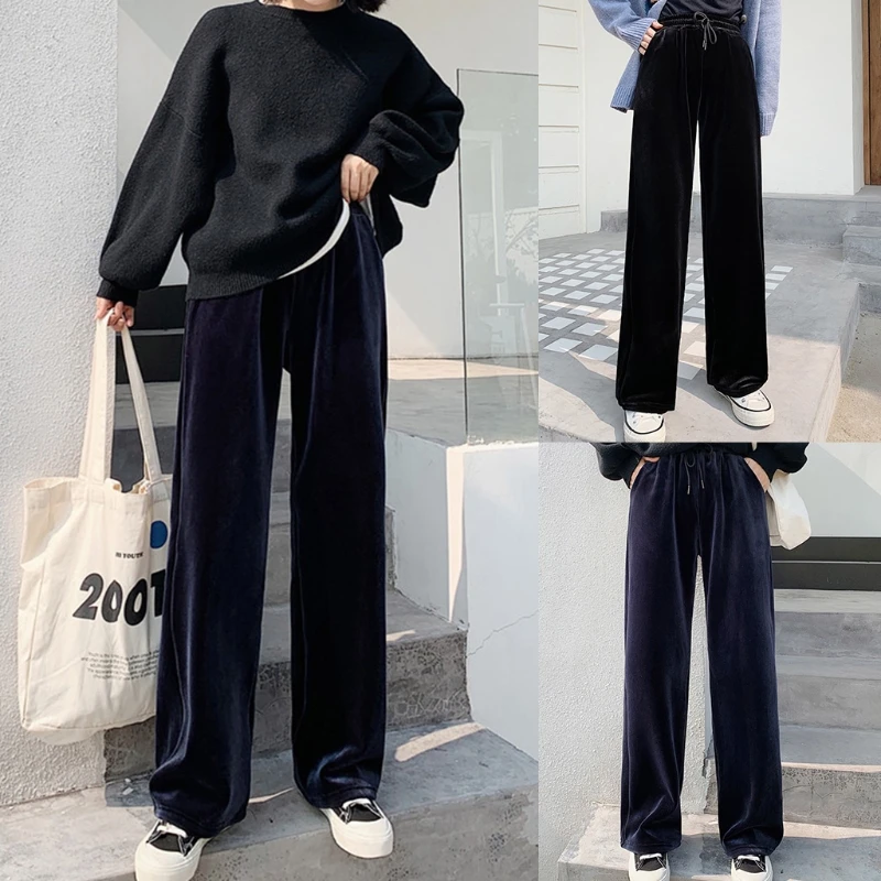 

Women Velvet Wide Leg Pants Drawstring High Waist Fleece Lined Flare Trousers D08E