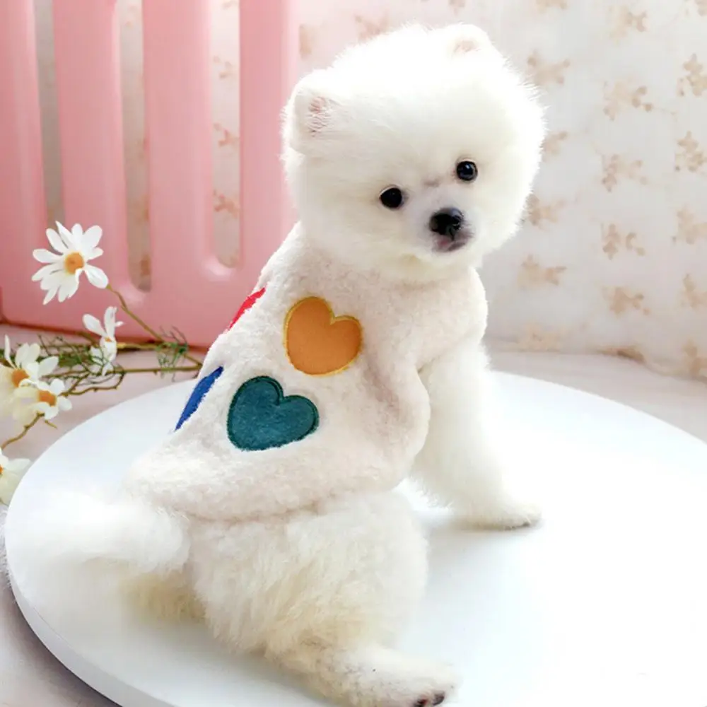 

White Creative Rainbow Painted Decorative Jacket Dog Heart Rainbow Pattern Stitching Jacket Pet Apparel Cat Comforting Clothes