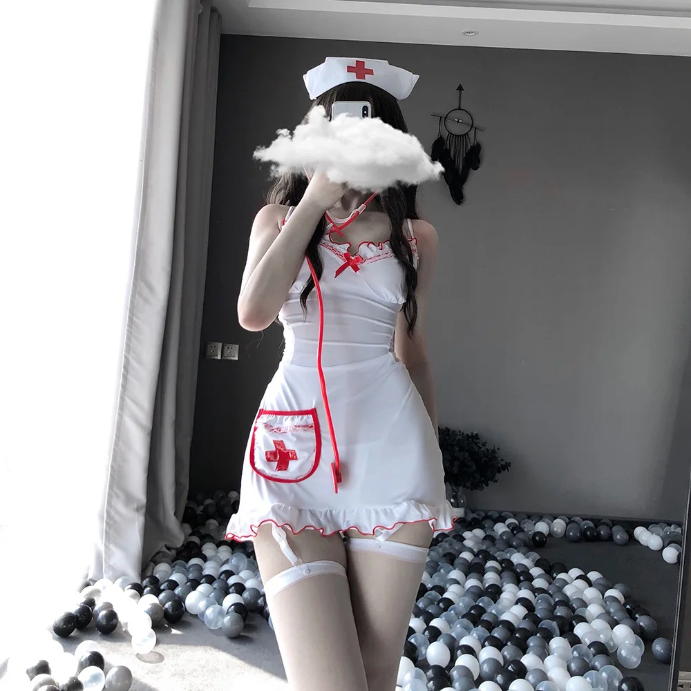 

Cosplay 4Pcs Costumes Sweet Female Sling Backless Halloween Cos Erotic Lingerie Outfit Soft Cute Sexy Pajamas Nurse