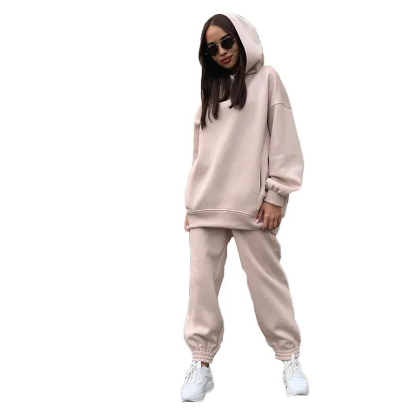 

Autumn Winter Women Set 2021 New Fashion Solid Color Hooded Sweater Casual Pants Two-piece Loose Suit Female LR1292