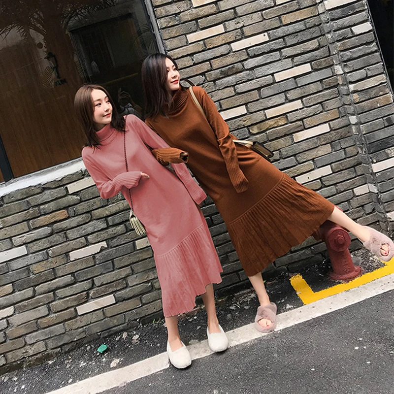 Осенне-зимнее женское вязаное платье элегантное платье-свитер с высоким