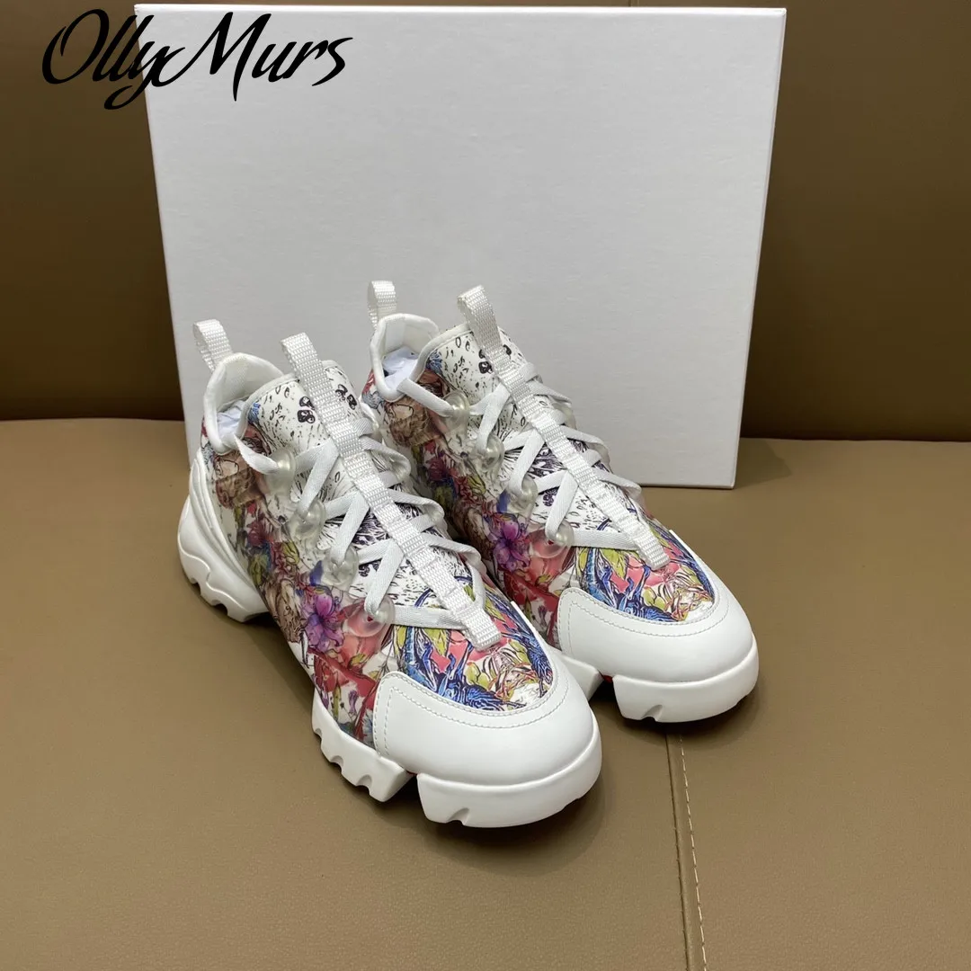 

Ollymurs Women Running Sneakers Genuine Leather Casual Lace-up Designer Shoes Autumn New Print Platform Gym Tenis Flats