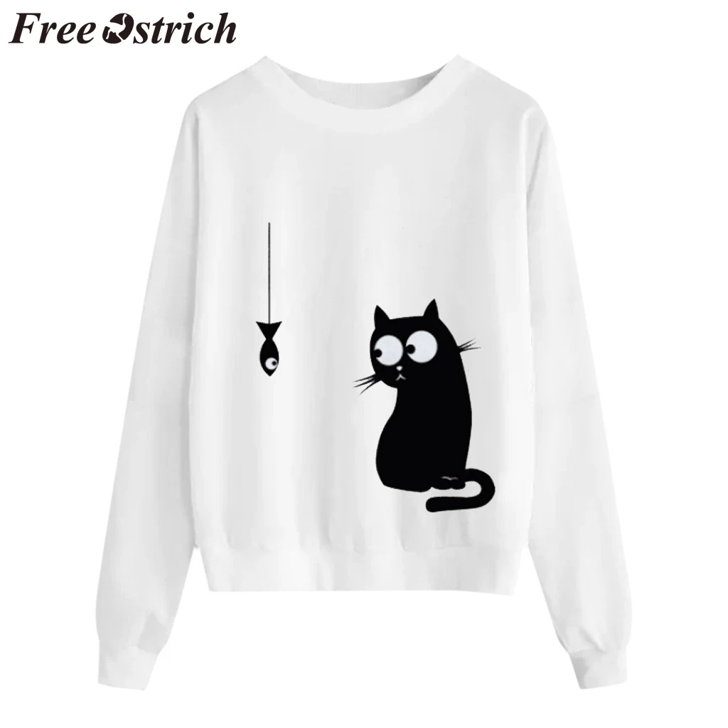 FREE OSTRICH Sweater Women Love Cat Print Top O-Neck Large Size Long Sleeve Autumn Winter Woman Sweaters Pullovers | Женская одежда