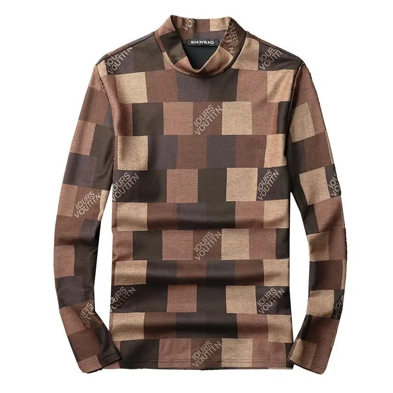 

Men's half high collar Plaid print matte slim fit oversize bottoming T-shirt fashion fall / winter 2020 Plush T-shirt