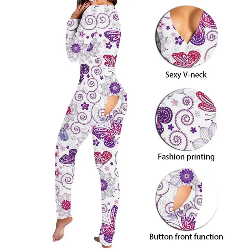 

Sexy Women's Pijamas Button-down Front V-neck Pajamas Adults Jumpsuit Functional Buttoned Flap Pyjama Sleepwear