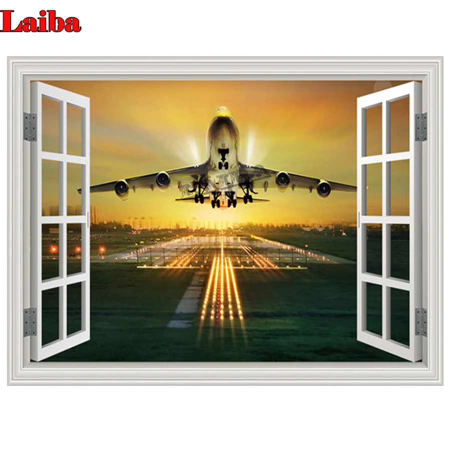 

diamond embroidery Airplane Outside the window landscape 5D round square diamond painting cross stitch mosaic sunset city view