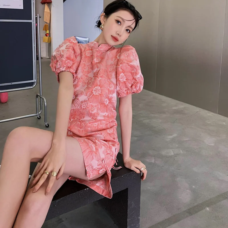 

LANMREM Women Printing Dress Stand Neck Short Puff Sleeve Loose Fit Female Fashion Tide Spring Autumn 2021 New Arrivals 2E1998