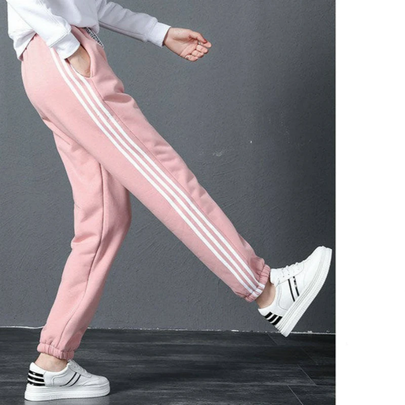 striped pink 2 стиля, штаны-шаровары с искусственным мехом ягненка из плотного флиса для женщин, Россия-30 градусов, зима, S~ 3XL размера плюс, теплые штаны, штаны на шнуровке для девочек - Цвет: striped pink