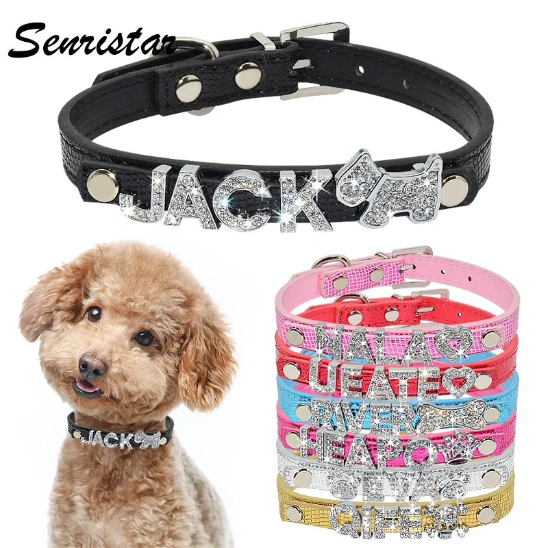 Personalized Luxury Name Pet Dog Collar Custom Bling Rhinestone Letters Leather Cat Dog Collars Teddy Yorkshire Puppy Dog Collar