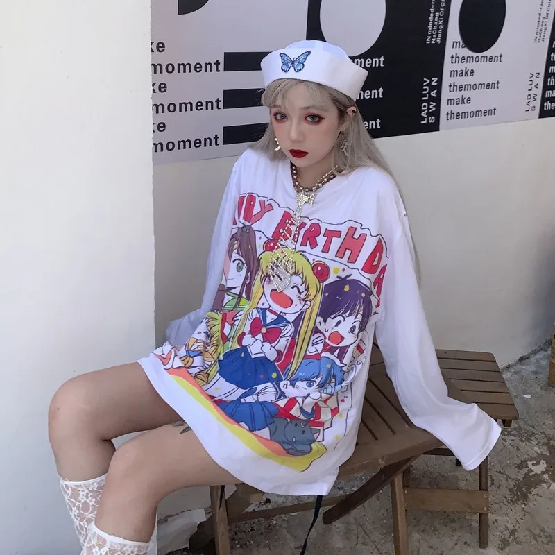

Long Sleeved shirts tops Harajuku Japanese cartoon printing student girls loose T-shirt female Solid bottoming pullover