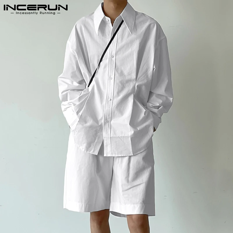 

INCERUN Fashion Men Casual Sets Solid Color Lapel Long Sleeve Shirt & Shorts Two Pieces Streetwear 2021 Loose Men Suits S-5XL