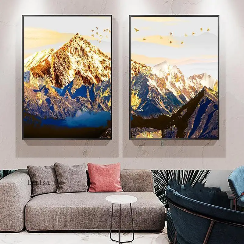 

Abstract Golden Luxurious Canvas Posters Mountain Landscape Pictures for Home Design Modern Living Room Decor Frameless