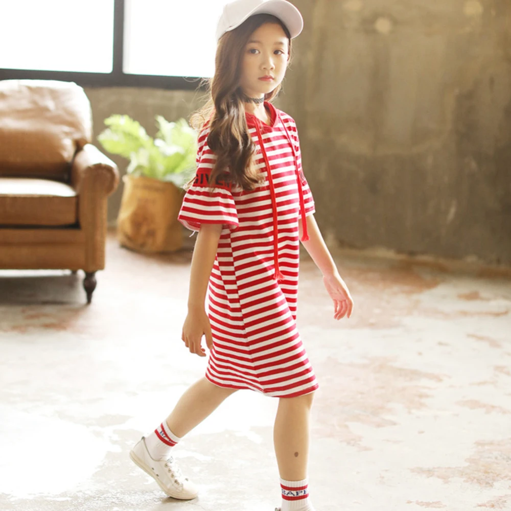 Children Girls Clothes Kids T-shirt Dress Striped Short Sleeve Hooded For Cotton Clothing Cute Outfits 4-8Y | Детская одежда и