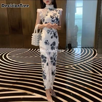 2021 chinese dress women evening party dress gown elegant qipao lace cheongsam chinese style printing flower wedding dress