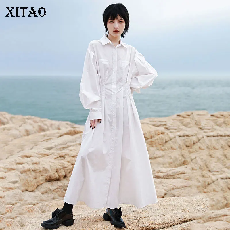 

XITAO Folds Pocket Decorate Dress Autumn New Style Fashionable Temperament Loose Casual Long Sleeve White Women Dress WMD2496