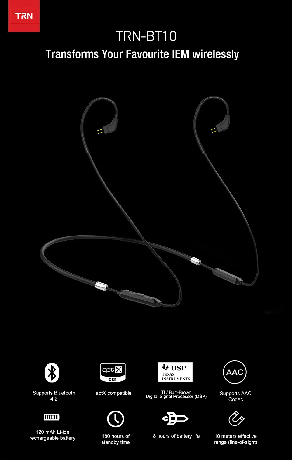 Лампа указателя BT10 беспроводной Bluetooth с пшеницы 4,2 APT-X IPX7 водонепроницаемый коннектор для кабеля, Наушники Hi-Fi 2PI/MMCX для V10 V20 V80 V90 V30 T2 S2 P1