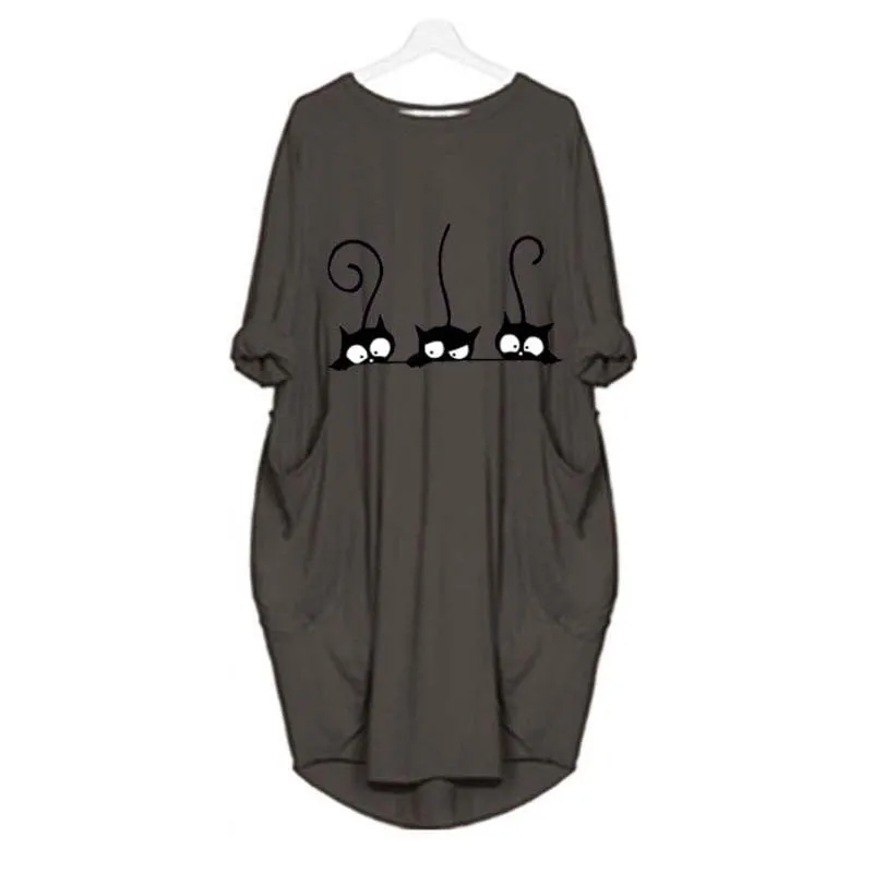 Осеннее платье для женщин с модным принтом кота круглым вырезом длинным рукавом