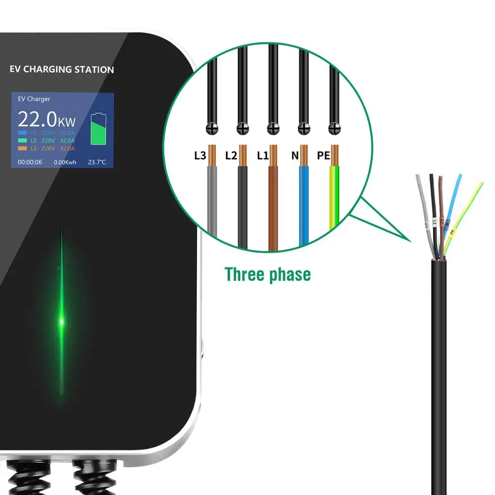 EV зарядное устройство 32A 3-фазная EVSE Wallbox зарядная станция с кабелем типа 2 IEC 62196-2 22