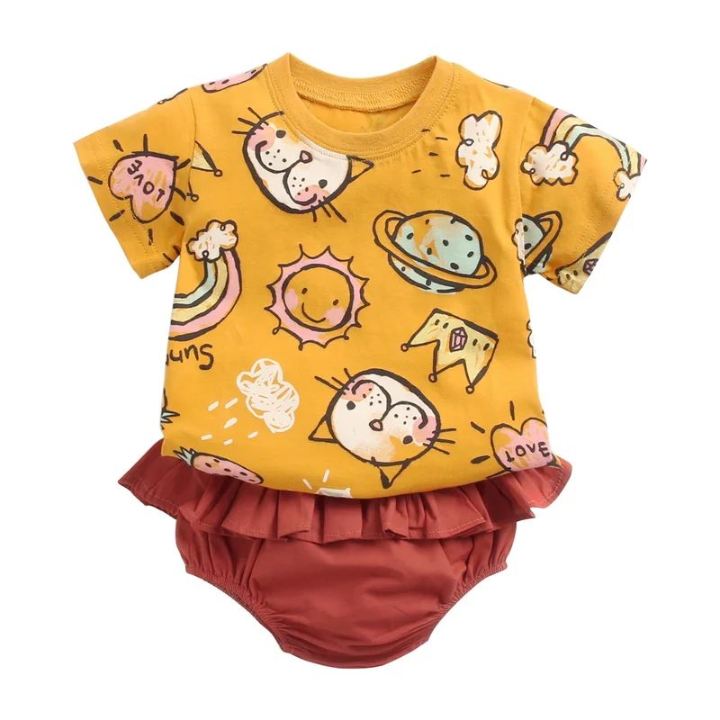 Children Short Sleeve summer clothing female baby suit newborn cartoon cat T-shirt briefs two-piece Romper children clothes | Детская