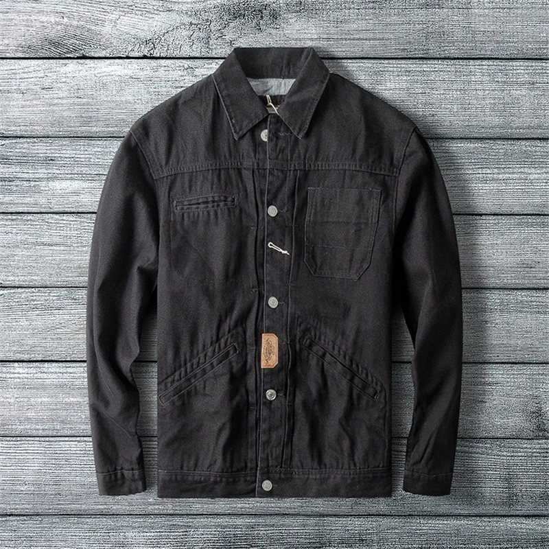 Куртка джинсовая мужская в стиле Харадзюку винтажная темно-синяя с большими