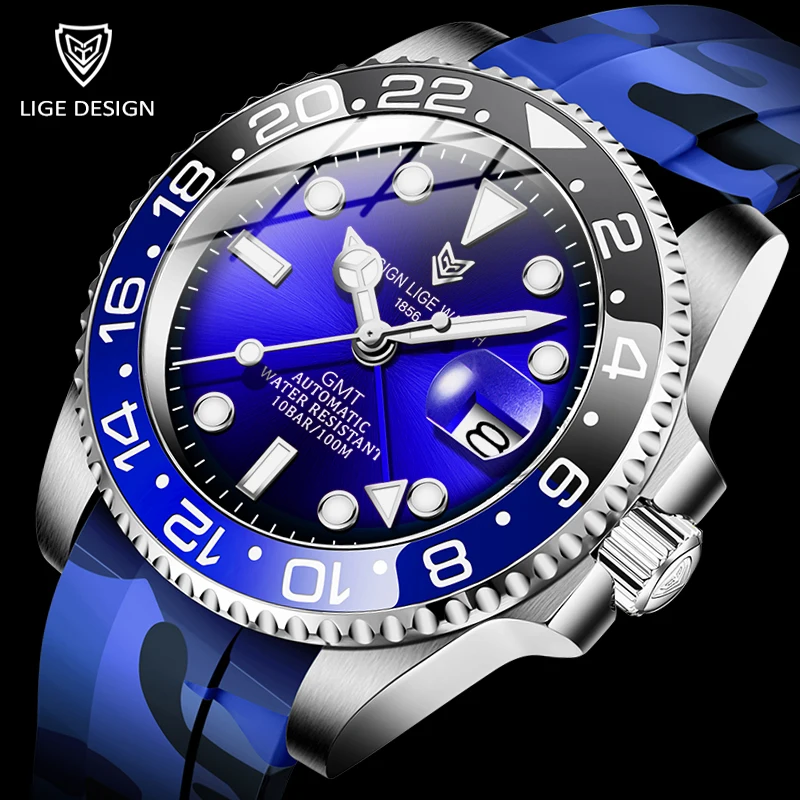 

2020 LIGE GMT New Sports Watch Men Automatic Mechanical Watches 316L Stainless Steel Waterproof Blue Clocks Sapphire Glass Watch