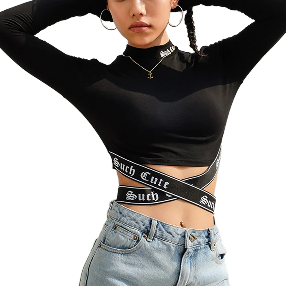 

Women's Sexy Slim Hollow Out Bandage Solid Color T-shirt Fashion Long Sleeve Short Top (S/M/L)