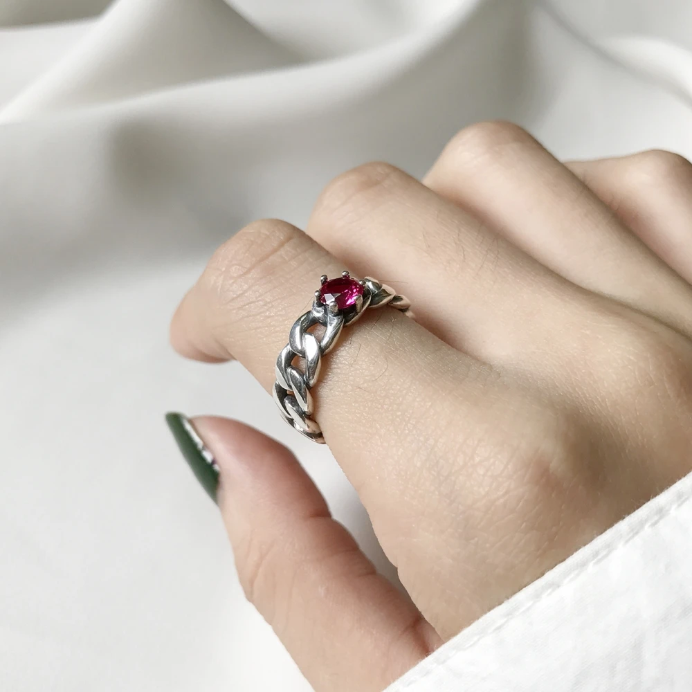 Minimalist Vintage 925 Sterling Silver Retro Curb Chain Solitaire Ruby Diamond Engagement Rings Girls Black Agate Open Ring | Украшения и