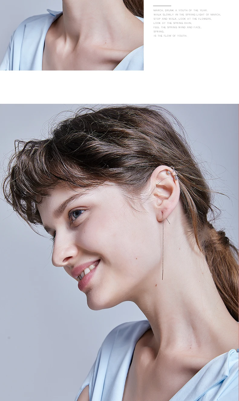 Authentic 18k Gold Chain Earring For Women Simple Style None Stone Rose Gold Color Ear Line Fashion Jewelry