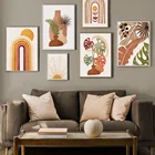 Абстрактная Терракотовая Ваза с листьями монстеры, настенное искусство, бохо, холст, живопись, линия, арка, плакаты и принты, картины для декора гостиной