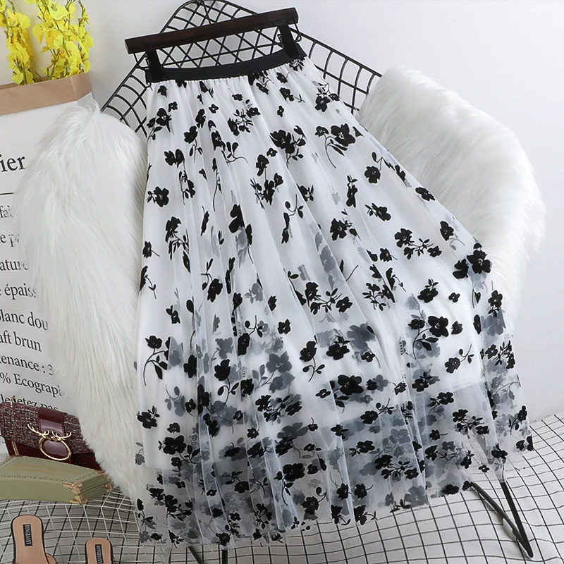 New High Quality Autumn Women Mesh Skirt Female Casual Voile Flowers Skirt Ladies Multilayer A-line Mid Calf Urban Swing Skirt
