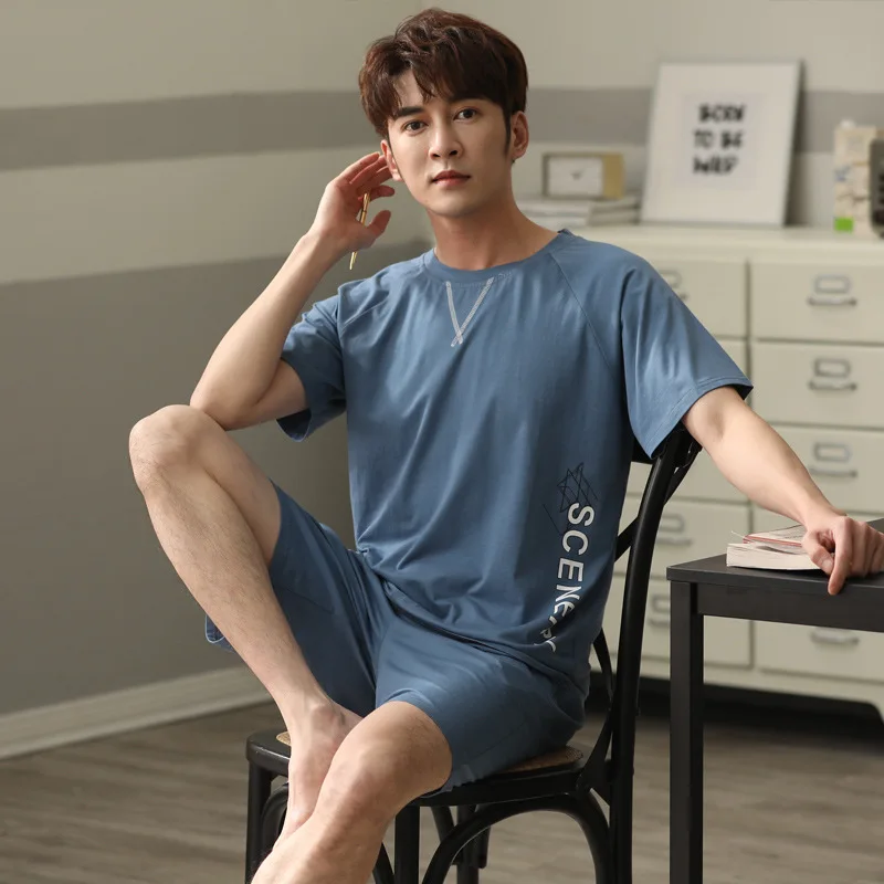 Men's striped cotton pajamas suit high-quality casual and comfortable short-sleeved shorts loose large size thin home service