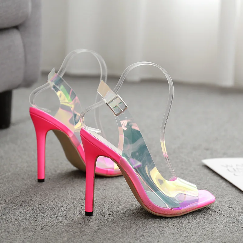 

2020 sexy color matching transparent PVC thin high heel open toe button women's sandals 660-81 do 40