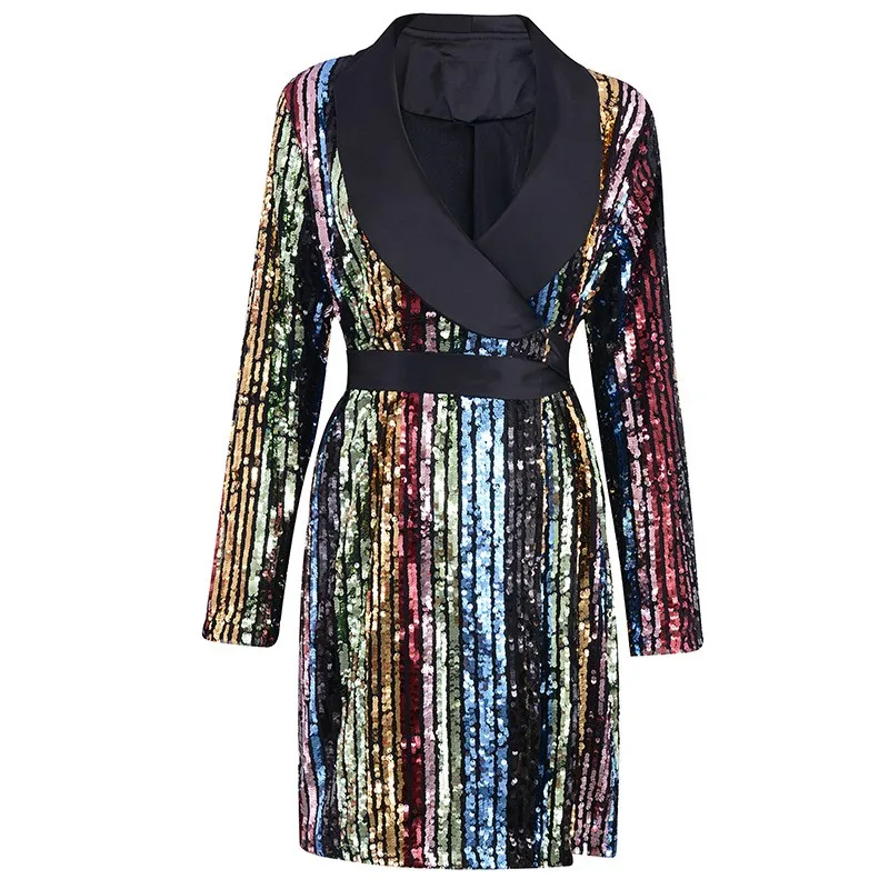 

High Quality Sexy Deep V-Neck Colorful Sequined Women Short Dresses Long Sleeve High Waist Drawstring Slim Fit A-Line Dresses